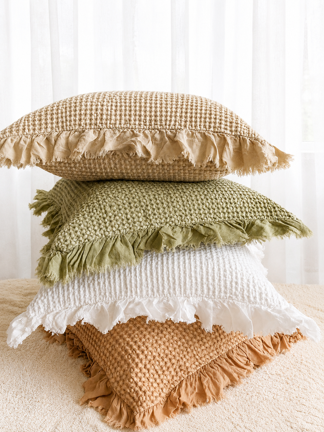 Organic Cotton Waffle Ruffle Cushion Cover - White - 2.5cm Frayed Ruffle