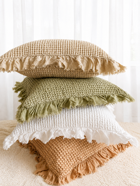 Organic Cotton Waffle Ruffle Cushion Cover - White - 2.5cm Frayed Ruffle