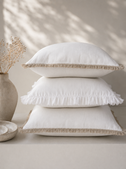 Hand Frayed Pure Linen Cushion Cover - White with Natural Fraying