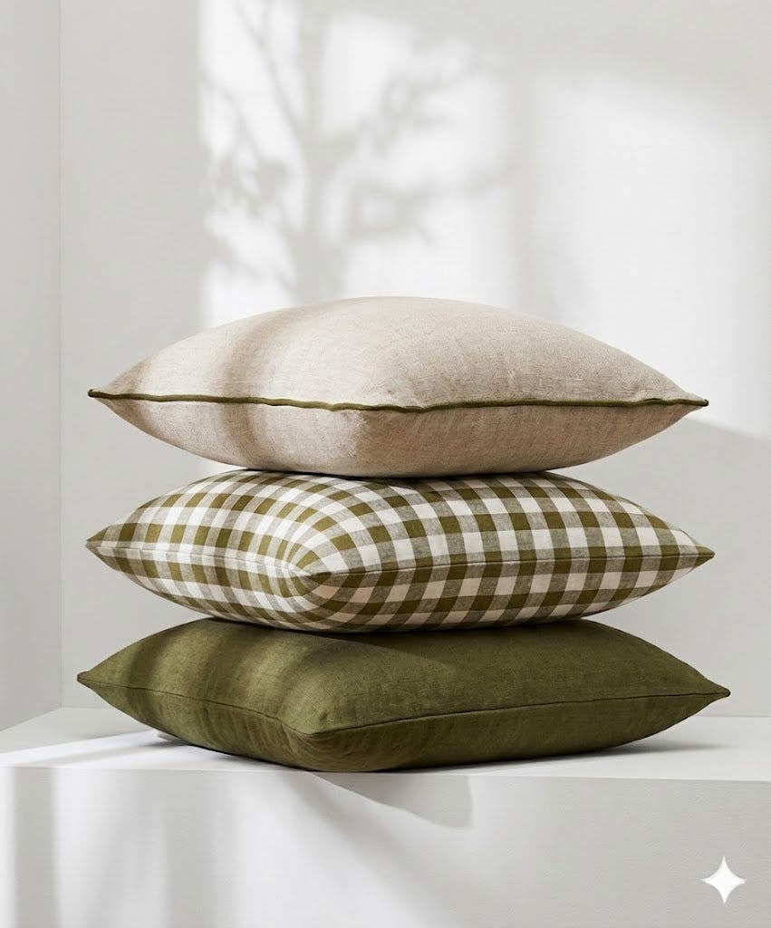 Pure Linen Cushion Cover - Olive Gingham