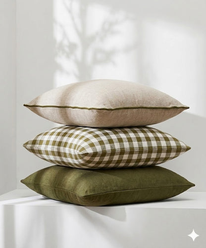 Pure Linen Cushion Cover - Olive Gingham