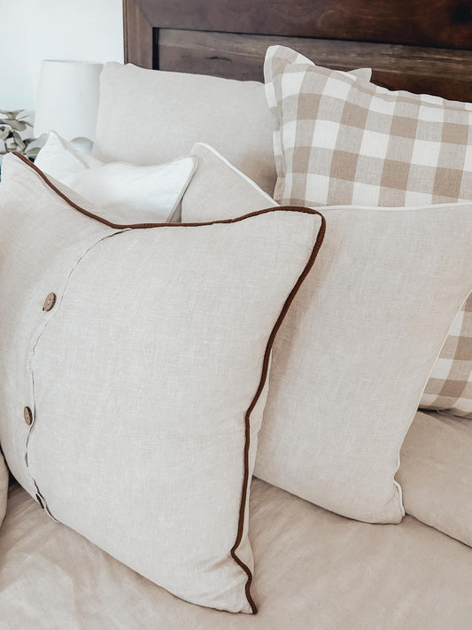 Natural Gingham Linen cushion covers, Gingham Euro cushion cover, Checked cushion, Gingham feature cushion, Gingham bedroom cushions, Gingham living room cushions, bedroom styling, cushion styling, cushion styles, beige and white cushion