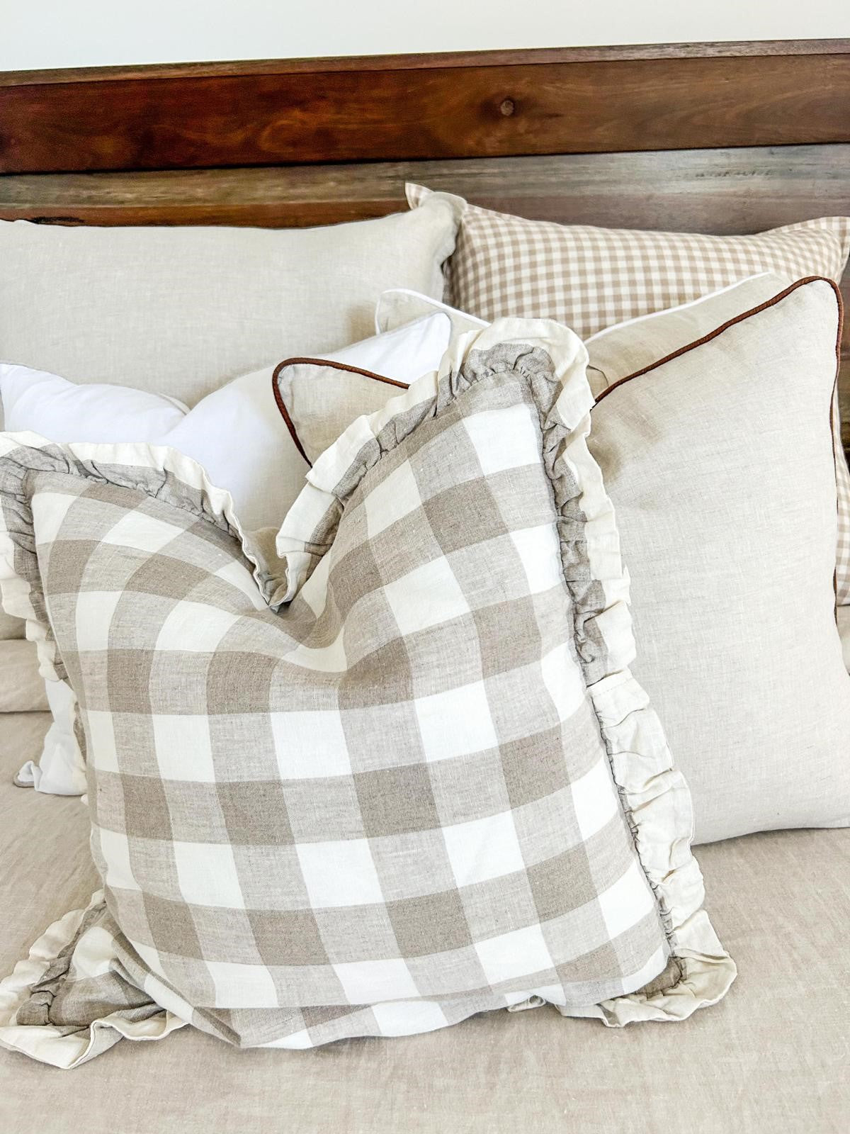 Linen Ruffle Cushion - Natural Gingham