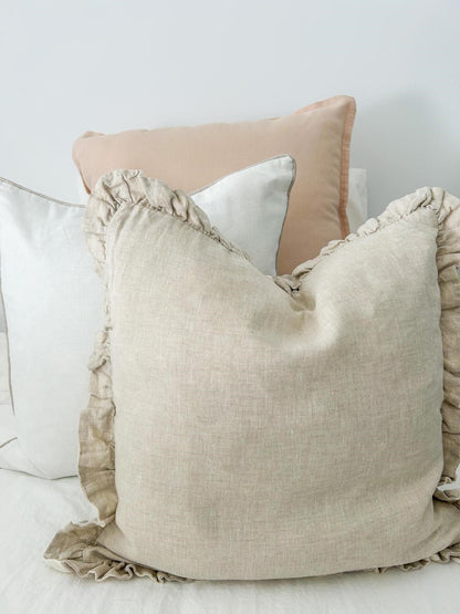 Pure French Linen Cushion Cover with Piped Edge - White with Natural Piping