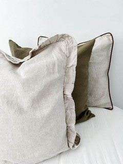 Reversible Linen Ruffle Cushion Cover - Natural Gingham - Natural