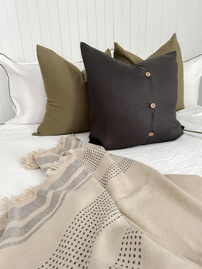 Dark Charcoal cushion covers, charcoal cushions, Dark Charcoal linen, Grey cushion covers, charcoal cushion with buttons, pure linen cushion covers, bedroom cushion styles, linen bedroom cushion covers, living room cushions, living room cushion styles, dark grey linen cushions, cushion design