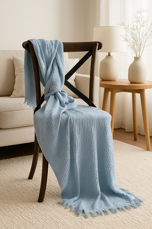 Organic Cotton Muslin 4 Layer Throw Blanket - Dusty Blue