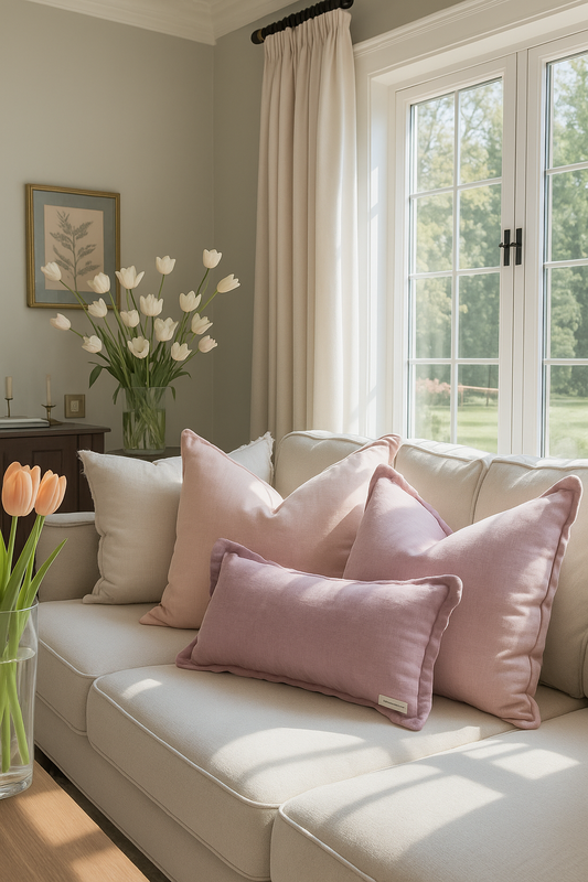 Pure French Linen Lumbar Cushion Cover with Flange Detail - Dusty Rose
