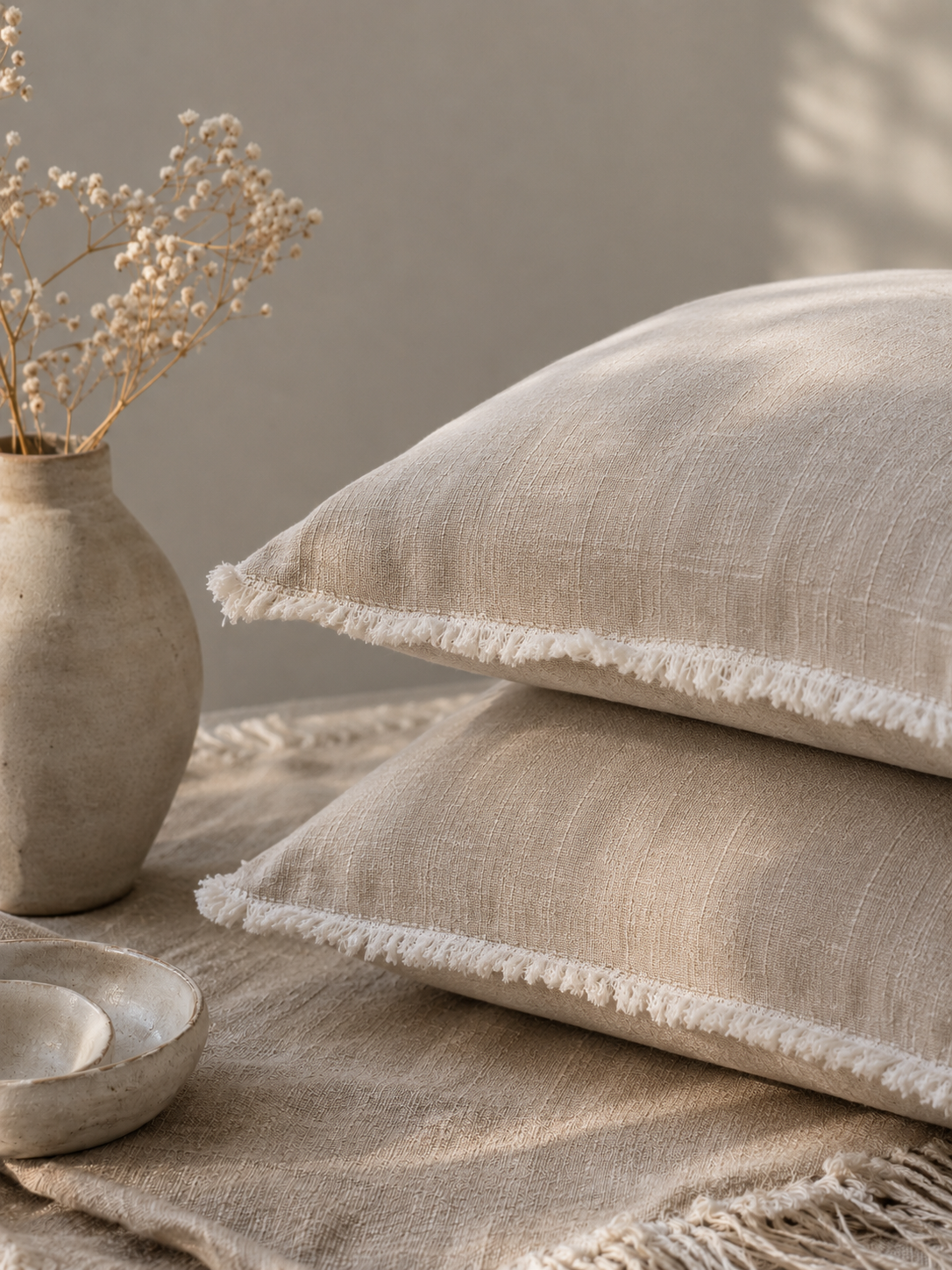Hand Frayed Pure Linen Cushion Cover - Natural with White Fraying