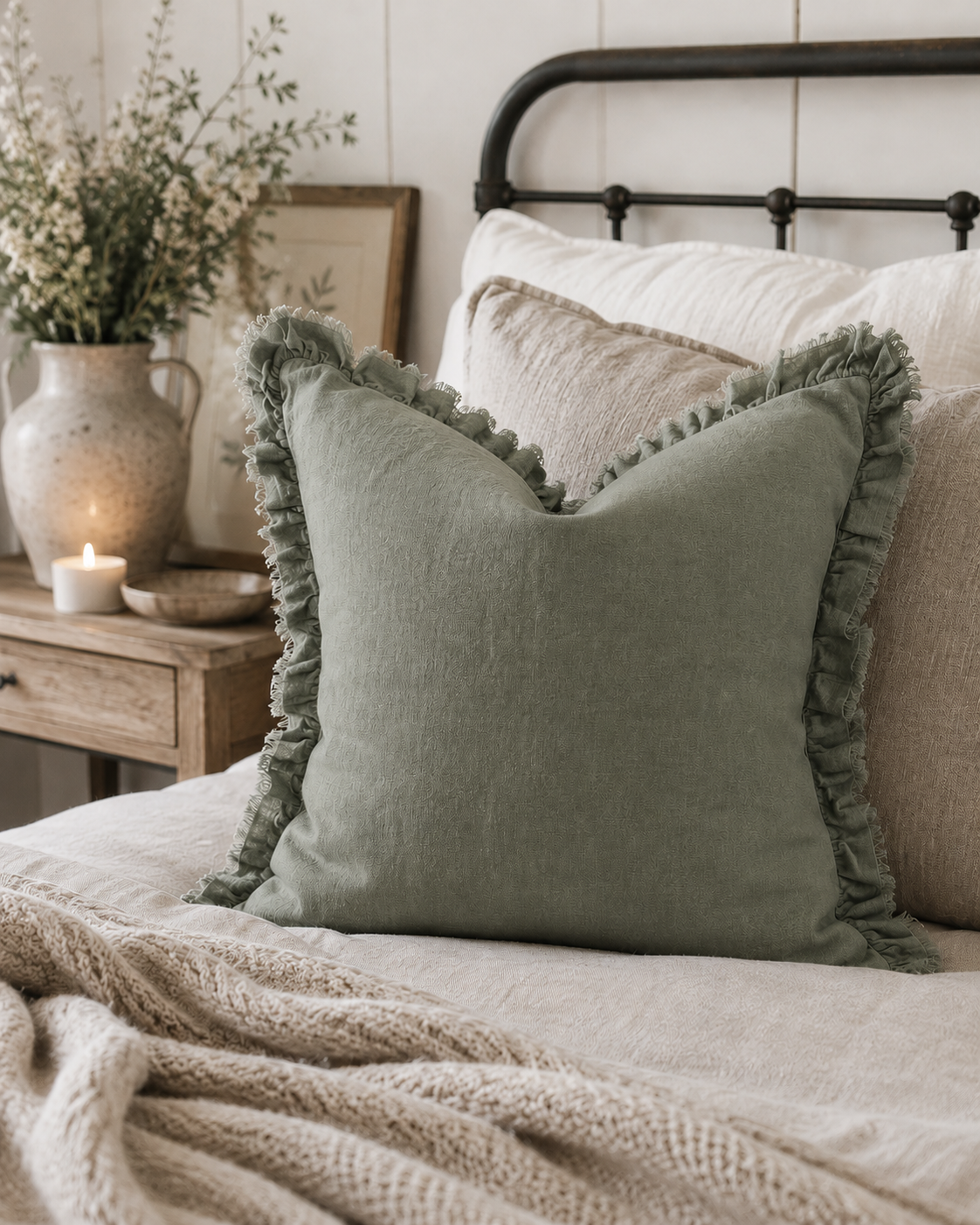 Pure French Linen Frayed Edge Ruffle Cushion Cover - Khaki