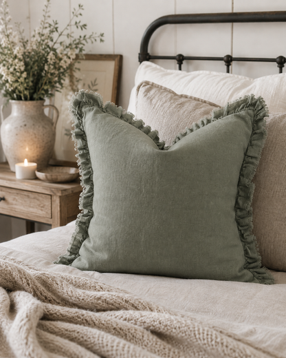Pure French Linen Frayed Edge Ruffle Cushion Cover - Khaki