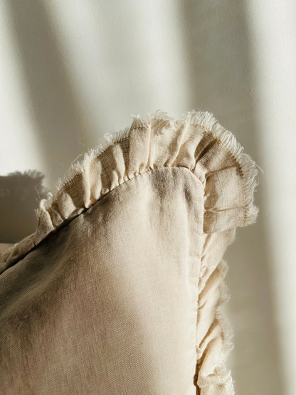 Pure French Linen Frayed Edge Ruffle Cushion Cover - Stone