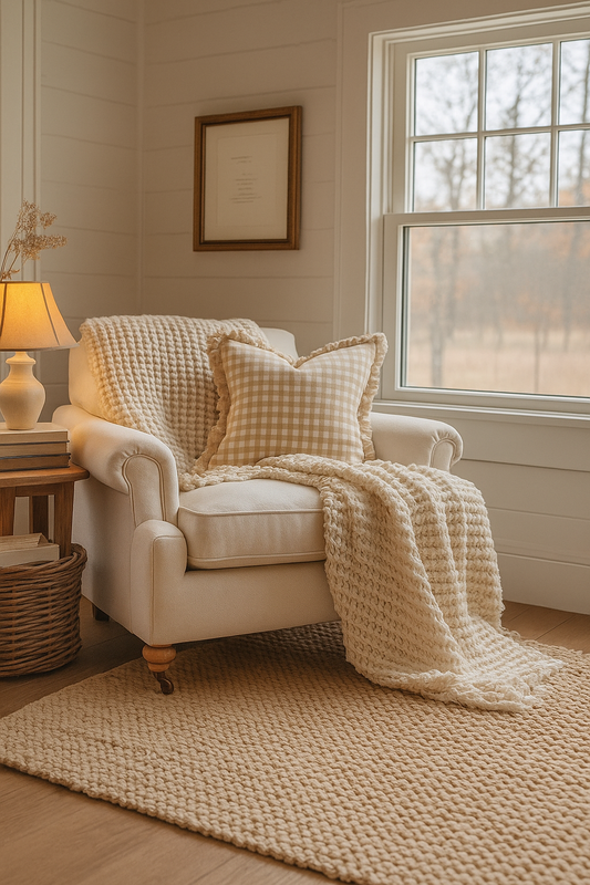 Pure French Linen Frayed Edge Ruffle Cushion Cover - Beige Gingham