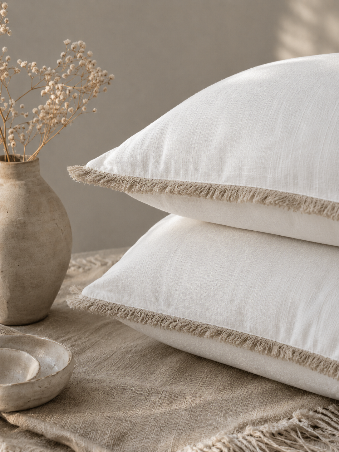 Hand Frayed Pure Linen Cushion Cover - White with Natural Fraying