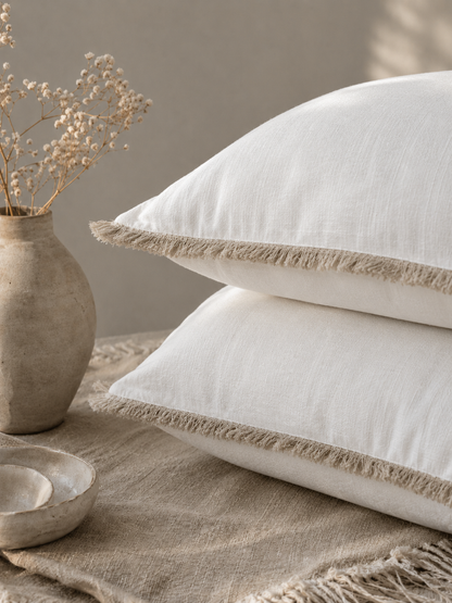 Hand Frayed Pure Linen Cushion Cover - White with Natural Fraying