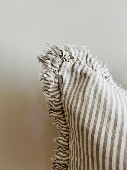 Pure French Linen Frayed Edge Ruffle Cushion Cover - Grey Stripe