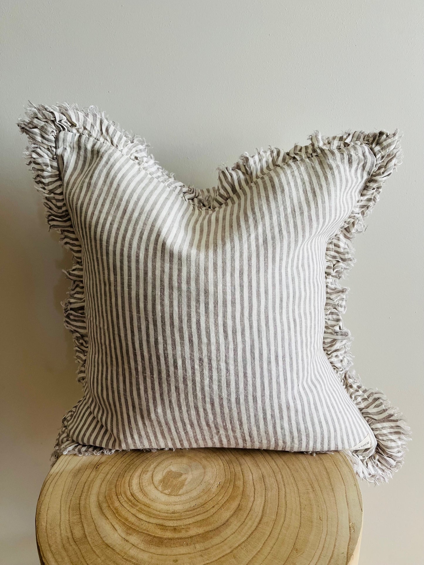 Pure French Linen Frayed Edge Ruffle Cushion Cover - Grey Stripe