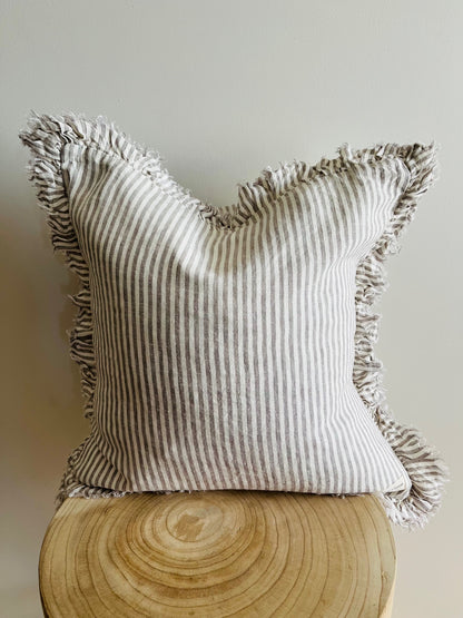 Pure French Linen Frayed Edge Ruffle Cushion Cover - Grey Stripe