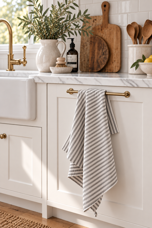 Pure French Linen Tea Towel - Grey Stripe