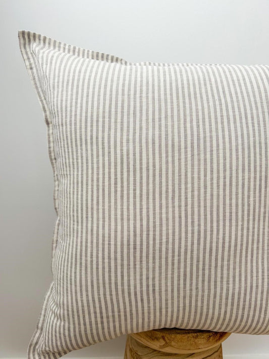 Grey Stripe Linen Euro cushion cover, Hamptons cushions, coastal styling, coastal cushion styling, Grey Stripe Linen, Hamptons feature cushions, Coastal styling, French linen cushions, home styling, cushion styles, Grey and White striped cushion