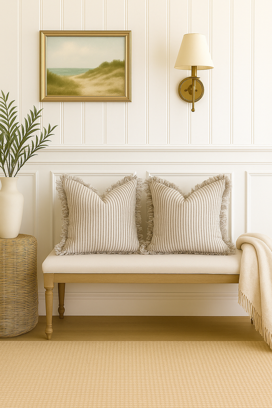 Pure French Linen Frayed Edge Ruffle Cushion Cover - Grey Stripe