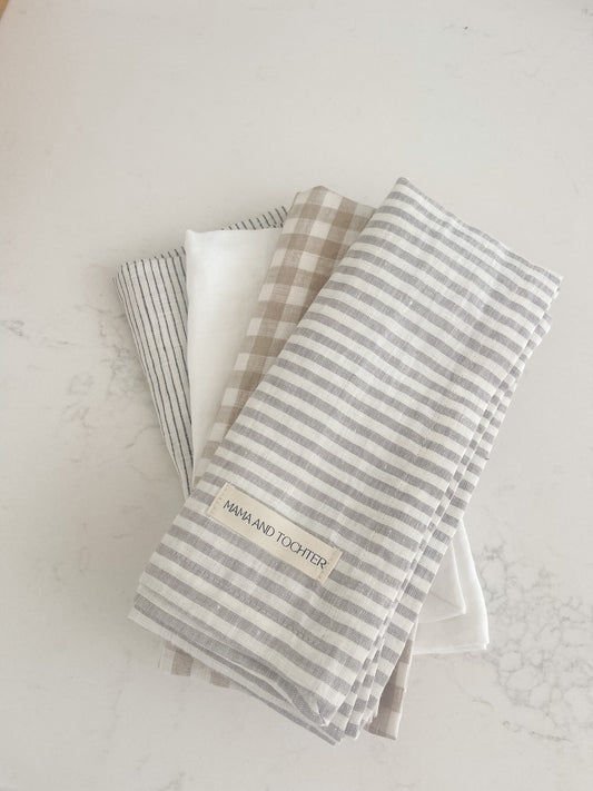 Grey Stripe linen tea towel, Grey and White striped tea towel, striped linen tea towel, coastal tea towel, Hamptons linen tea towels, Grey Striped linen, Grey and White striped French linen tea towel, kitchen dish cloth, flax linen tea towels, White and Grey striped linen tea towels