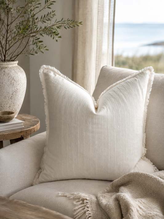 Hand Frayed Pure Linen Bleached Pintuck Cushion Cover