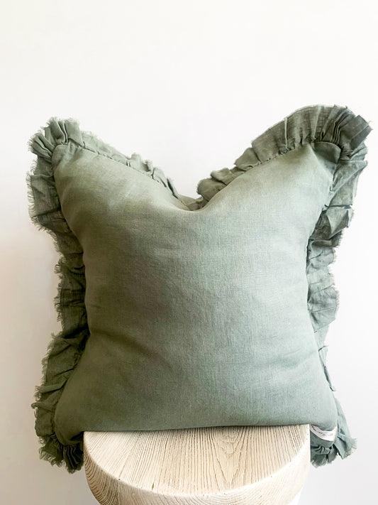 Pure French Linen Frayed Edge Ruffle Cushion - Khaki