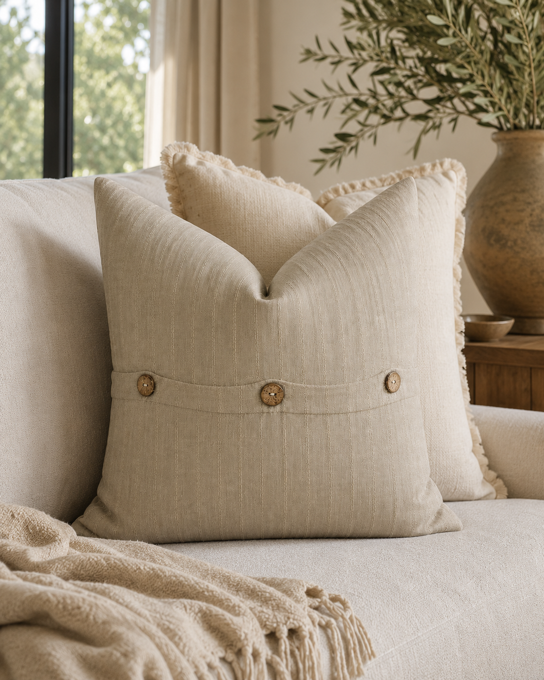 Cotton Linen Khaki Pintuck Cushion