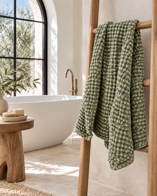 100% Organic Cotton Rustic Waffle Standard Tea Towel - Hand Towel - Light Olive