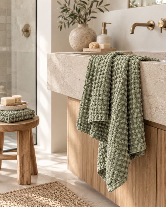 100% Organic Cotton Rustic Waffle Standard Tea Towel - Hand Towel - Light Olive