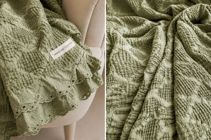Organic Cotton Waffle Textured Ruffle Throw - Light Olive - 150 x 200