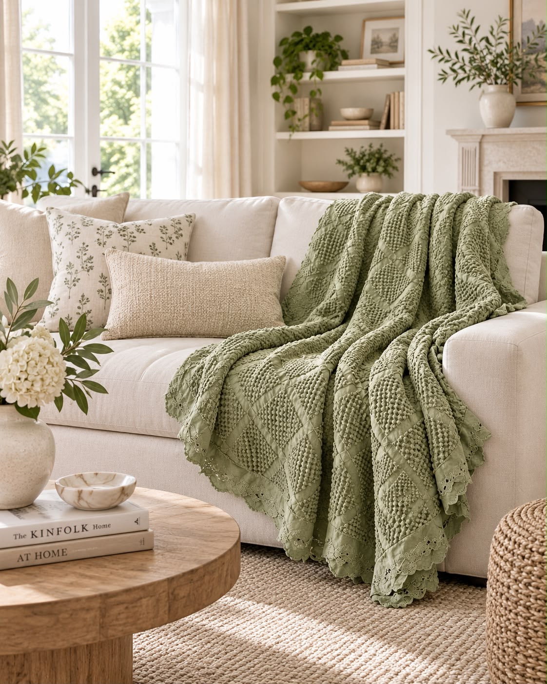 Organic Cotton Waffle Textured Ruffle Throw - Light Olive - 150 x 200