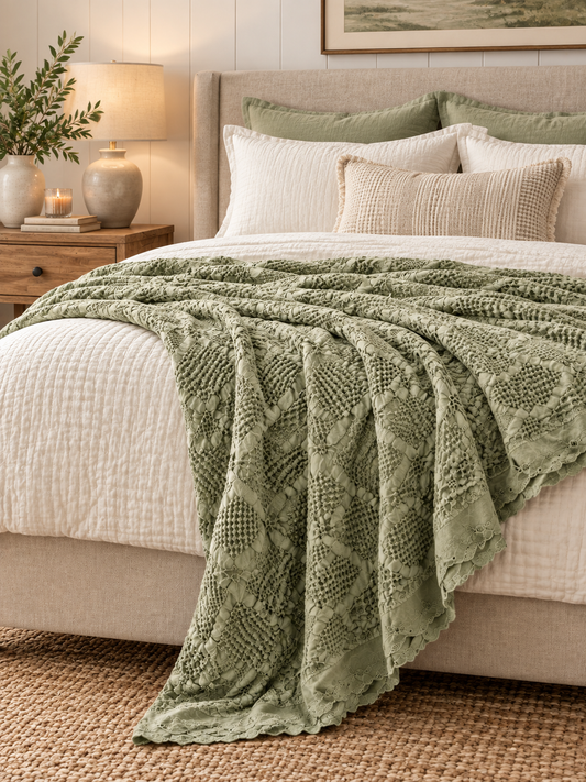 Organic Cotton Waffle Textured Ruffle Throw - Light Olive - 180 x 250 - King Size
