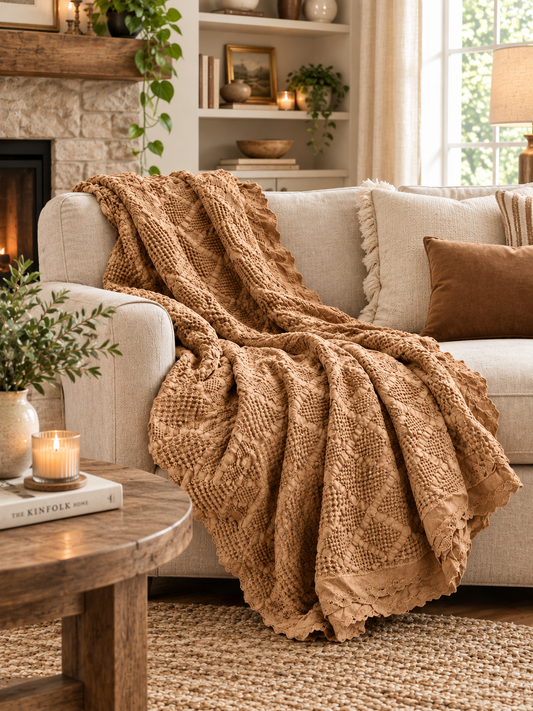 Organic Cotton Waffle Textured Ruffle Throw - Light Rust - 180 x 250 - King Size