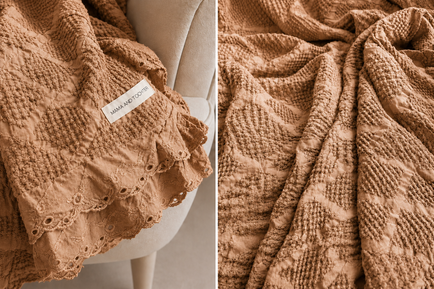 Organic Cotton Waffle Textured Ruffle Throw - Light Rust - 150 x 200