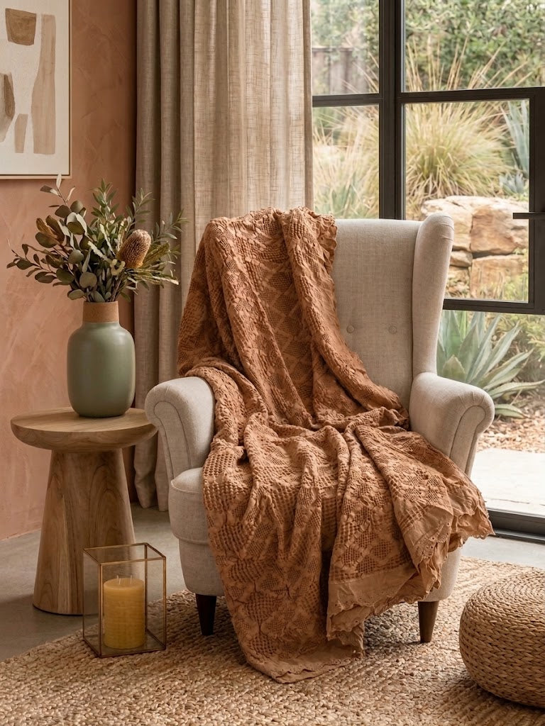 Organic Cotton Waffle Textured Ruffle Throw - Light Rust - 150 x 200