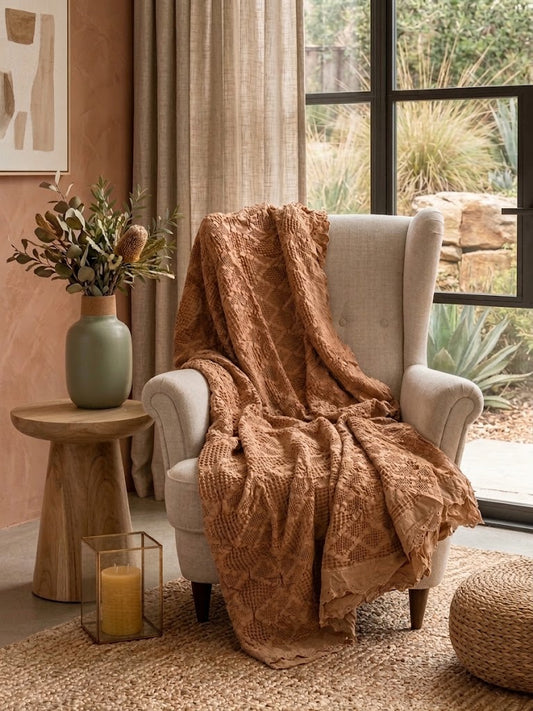 Organic Cotton Waffle Textured Ruffle Throw - Light Rust - 150 x 200