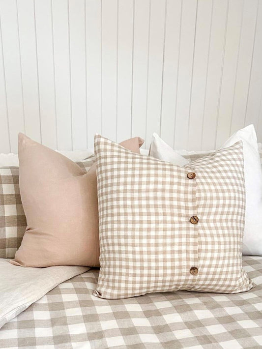 Light Clay Linen cushion covers, Blush linen cushion covers, Blush pure linen cushions, affordable linen cushion covers, bedroom cushions, living room cushions, Light Clay feature cushion, Light Clay feature cushion with buttons, bedroom feature cushions, Blush French Linen