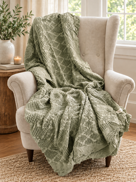 Organic Cotton Waffle Textured Ruffle Throw - Light Olive - 150 x 200