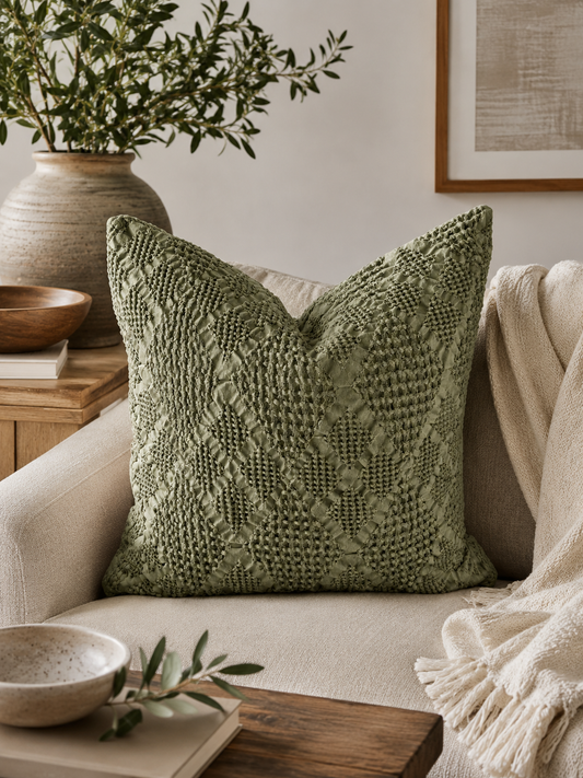 Organic Cotton Waffle Textured Cushion Cover - Light Olive - 45 x 45cm