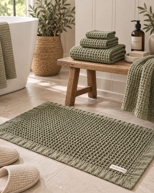 Organic Cotton Waffle Bathroom Bundle - Light Olive