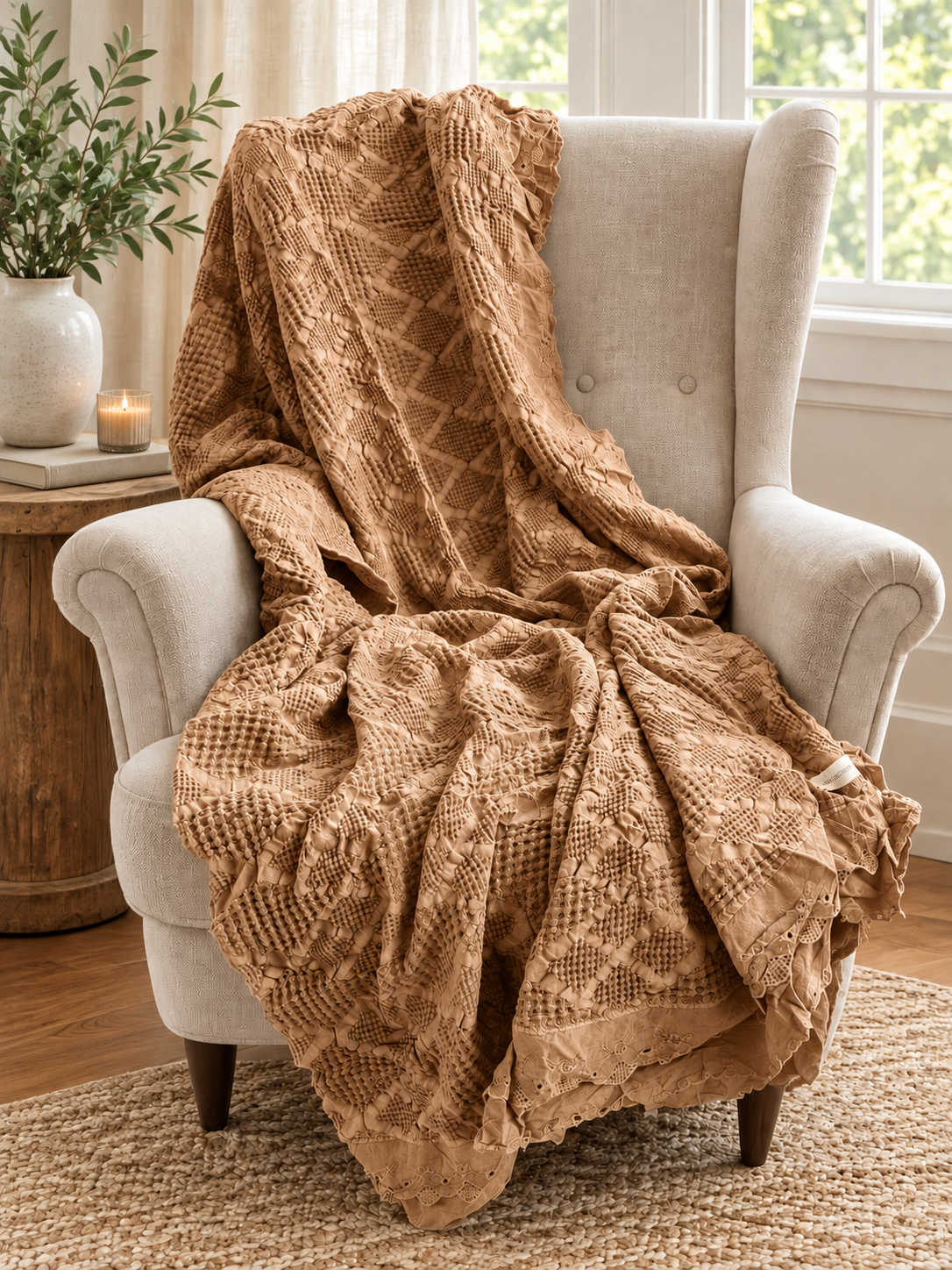 Organic Cotton Waffle Textured Ruffle Throw - Light Rust - 150 x 200