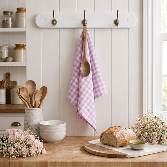 Pure French Linen Tea Towel - Lilac Gingham