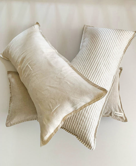 Pure French Linen Lumbar Cushion - Nature Pinstripes