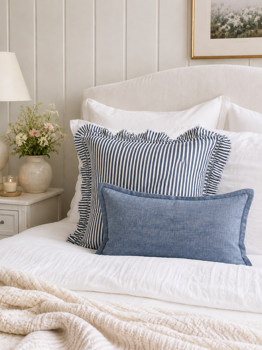 Pure French Linen Lumbar Cushion Cover with Flange Detail - Denim