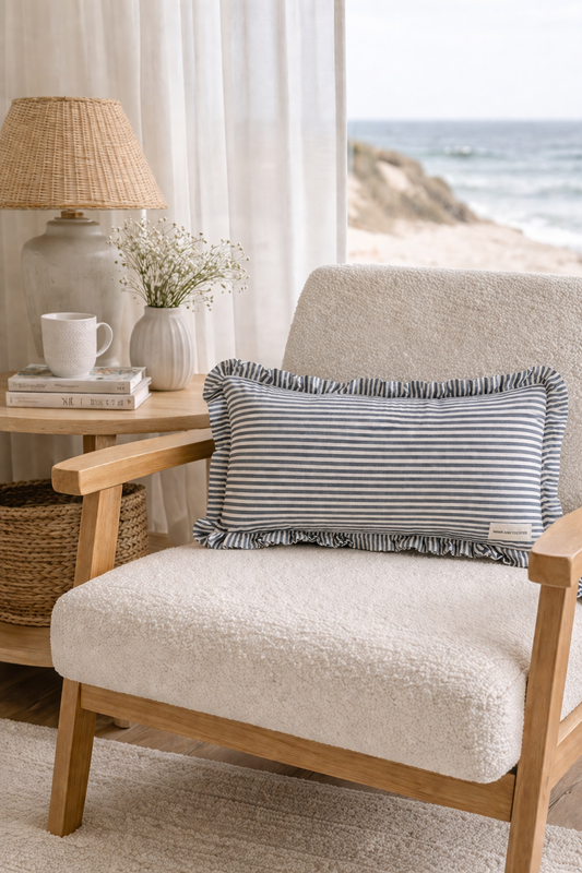 Pure French Linen Ruffle Lumbar - Marine Pinstripes