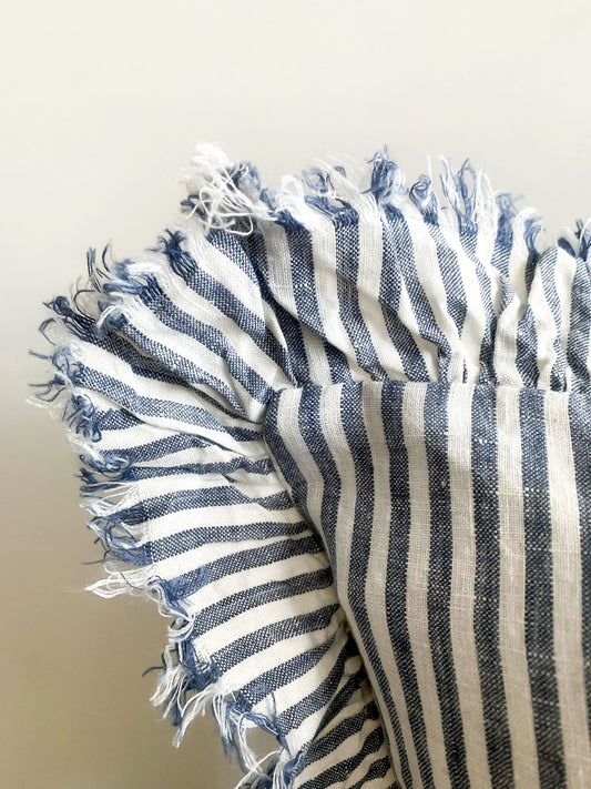 Pure French Linen Frayed Edge Ruffle Cushion - Marine Pinstripes