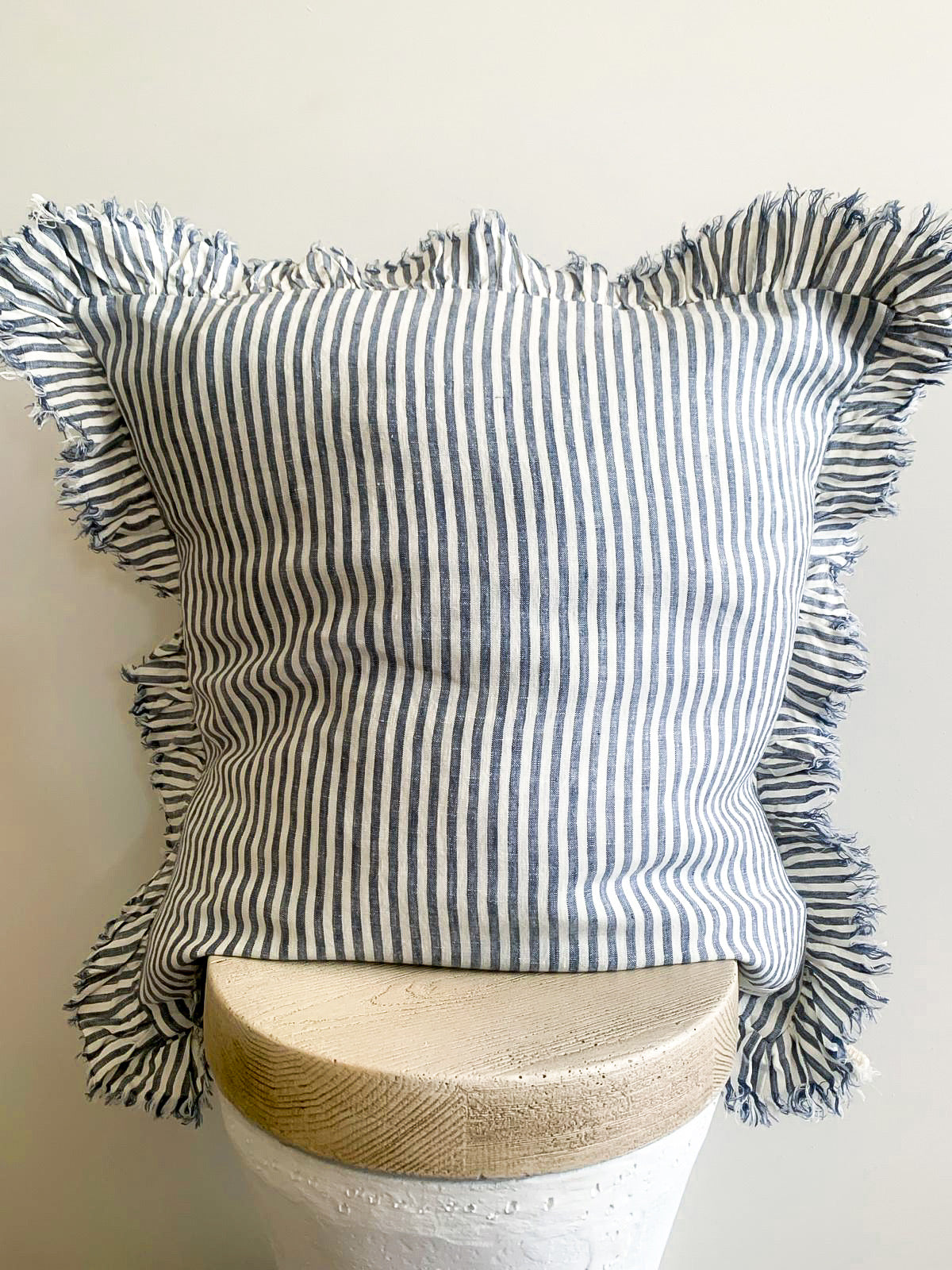 Pure French Linen Frayed Edge Ruffle Cushion Cover - Marine Pinstripes