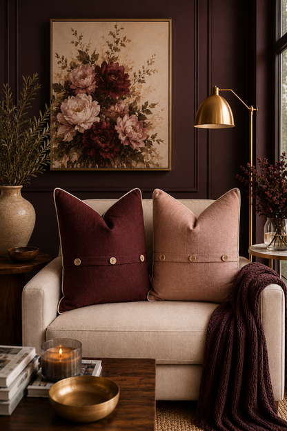 Pure French Linen Cushion Cover with Piped Edge - Merlot with Natural Piping